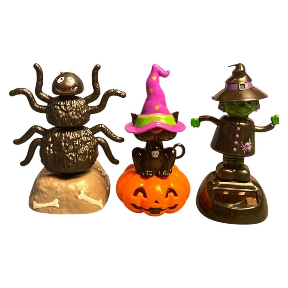 Set Of 3 Halloween Solar-Powered Dancing Figures - Spider Witch & Cat